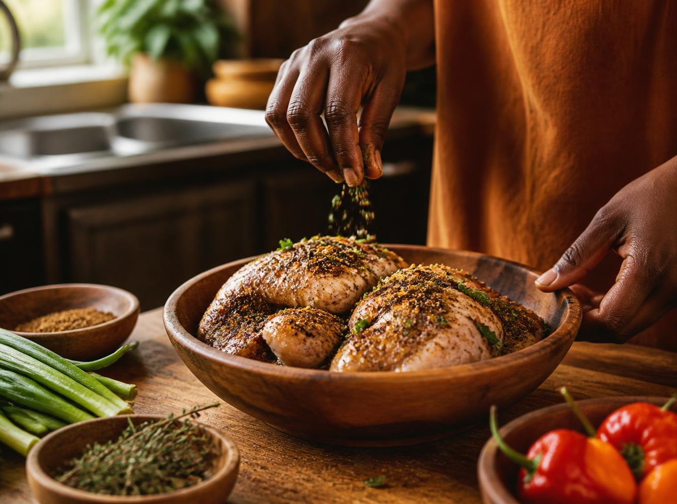 Seasoning chicken with Jamaican jerk spices by hand