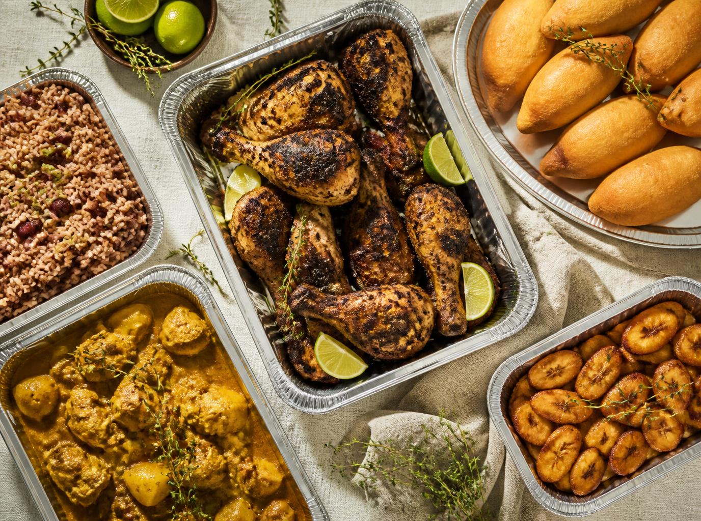 Trays of Jamaican food prepared for a party and packed for delivery